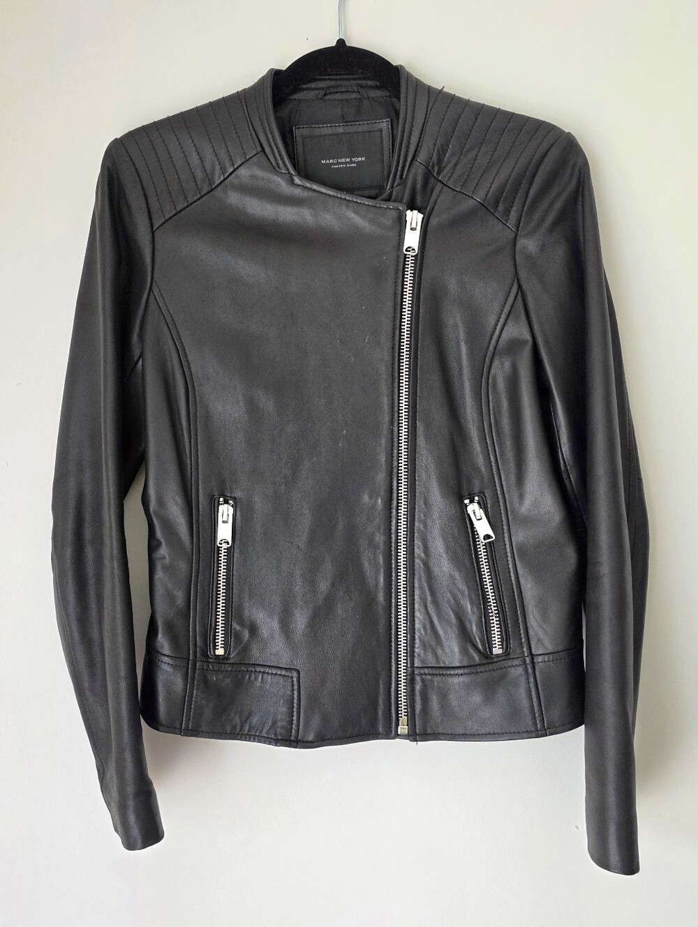 Marc New York Black Leather Asymmetric Zip Jacket Size S